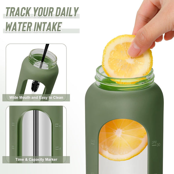 FULBEVY 32 oz Glass Water Bottles - 1 Liter Motivational Tumbler Water Bottle Time Marker - Borosilicate Glass Water Bottle With Silicone Sleeve