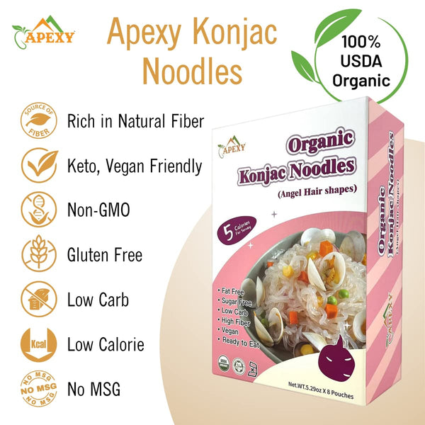 Apexy Organic Shirataki Konjac Noodle 8 Pouches Total 42.24oz. Low Calorie, Low-Carb Gluten Free, Vegan, Keto and Paleo-Friendly. (Angel Hair