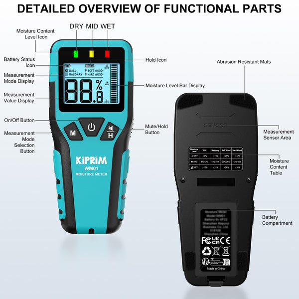 Kiprim Pinless Moisture Meter Home Moisture Level Tester Damp Meter for Floor,Wood, Walls, Concrete â Accurate Non-Destructive Testing Moisture