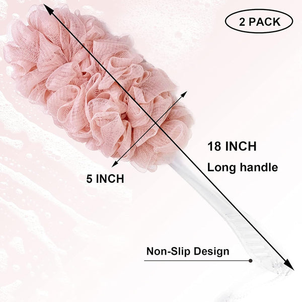 PPHAO - Loofah on a Stick for Men & Women - Bath Brush with Long Handle - Plastic Loofah Sponge - 2Pack in Green & Pink