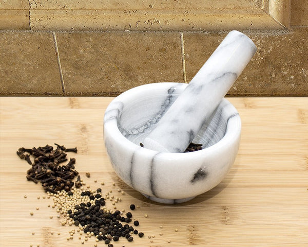 Greenco Mortar and Pestle Set, White Marble Stone Mortar and Pestle Grinding Bowl, Small 4.5 Inches, Kitchen Essential for Spices, Guacamole and