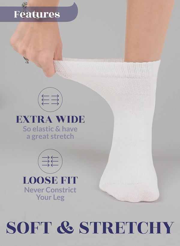 Hugh Ugoli Women's Cotton Diabetic Ankle Socks, Wide, Thin, Loose Fit and Stretchy, Seamless Toe, Non Binding Top, 4 Pairs 6-9 05- White (4 Pairs)