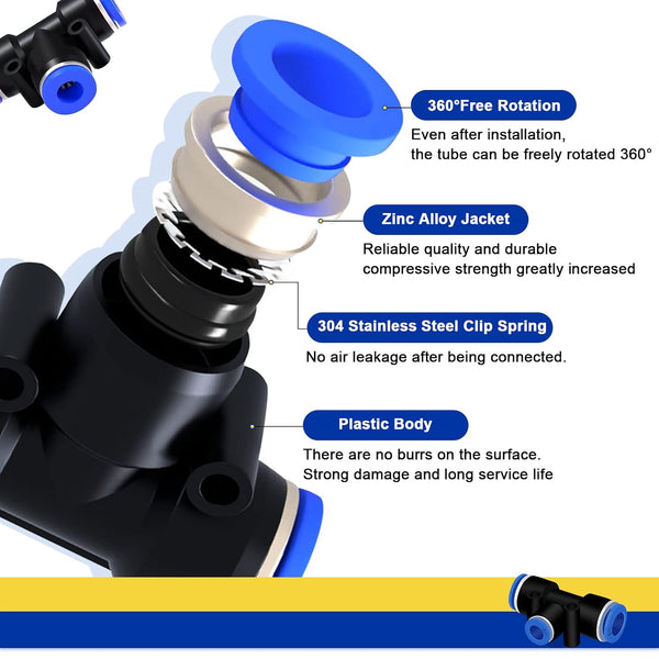 Push to Connect Fittings 3/8" X 1/4" X 3/8" OD Reducing Tee- 6 PCS 3/8" X 1/4" OD Quick Connect Air Hose Fittings - Reducing Straight Union