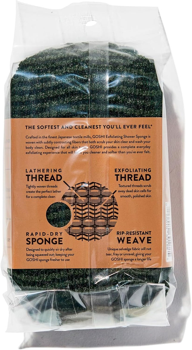 Goshi Exfoliating Shower Sponge- Moss Green, Rapid-Drying, Rip Resistant