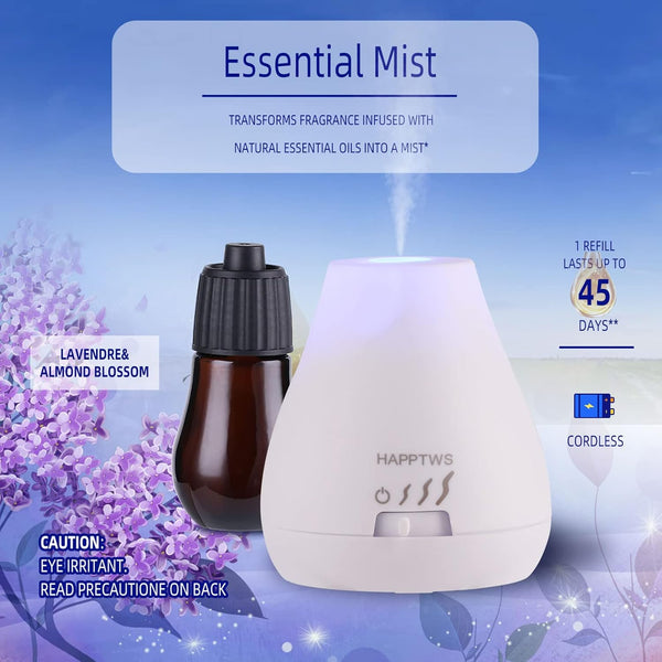 HAPPTWS Essential Oil Diffuser - Waterless Diffuser 3 Timer Settings Battery Powered for Bedroom Yoga Room Toilet Pet Room White