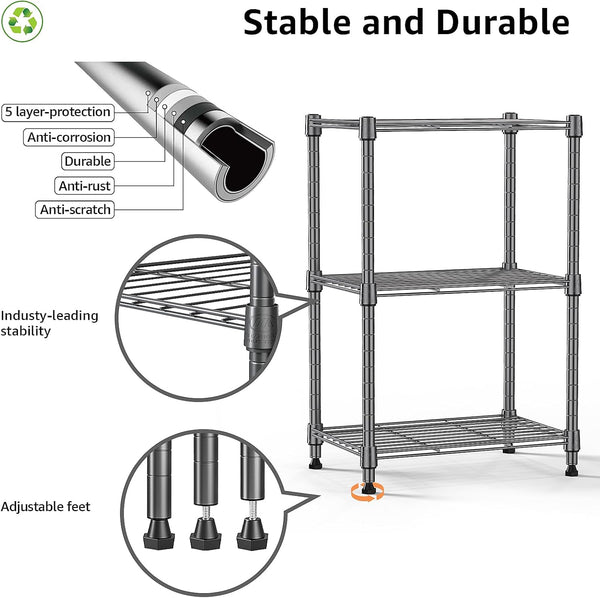 M MZG 450 lbs Steel Storage Shelving 3-Tier Utility Shelving Unit Steel Organizer Wire Rack for Home,Kitchen,Office (11.8" D x 17.7" W x 26.3" H)