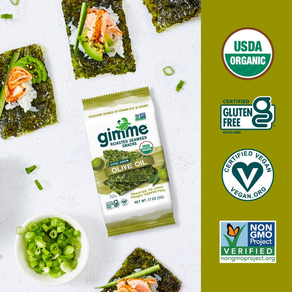 Gimme 20 CT Extra Virgin Olive Oil Organic Seaweed Snacks, 5g, 0.17oz #5 Extra Virgin Olive Oil