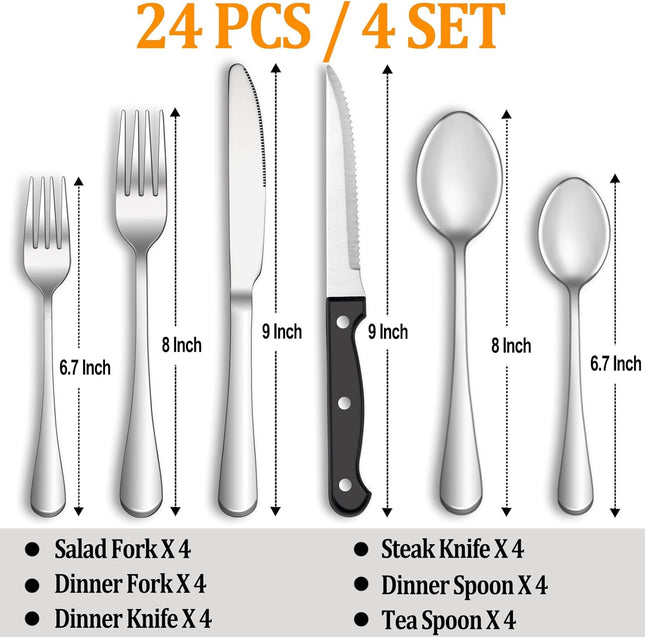 24 Pcs Silverware Set with Steak Knives Service for 4,Stainless Steel Flatware Set,Mirror Polished Cutlery Utensil Set,H