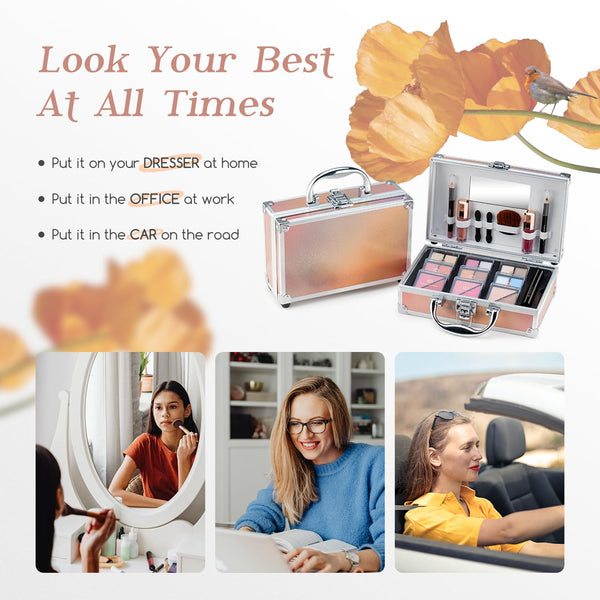 Color Nymph Beginner Makeup Kits for Teens with Train Case Included Full Makeup Kit Eyeshadow Palette Blushes Bronzer Highlighter Lipstick Brushes
