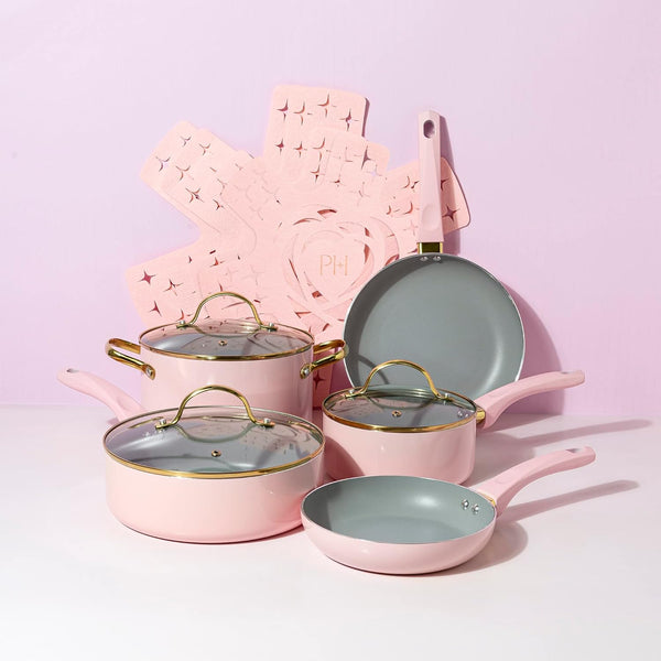 Paris Hilton Epic Nonstick Pots and Pans Set, Multi-layer Nonstick Coating, Tempered Glass Lids, Soft Touch, Stay Cool Handles, Made without PFOA,