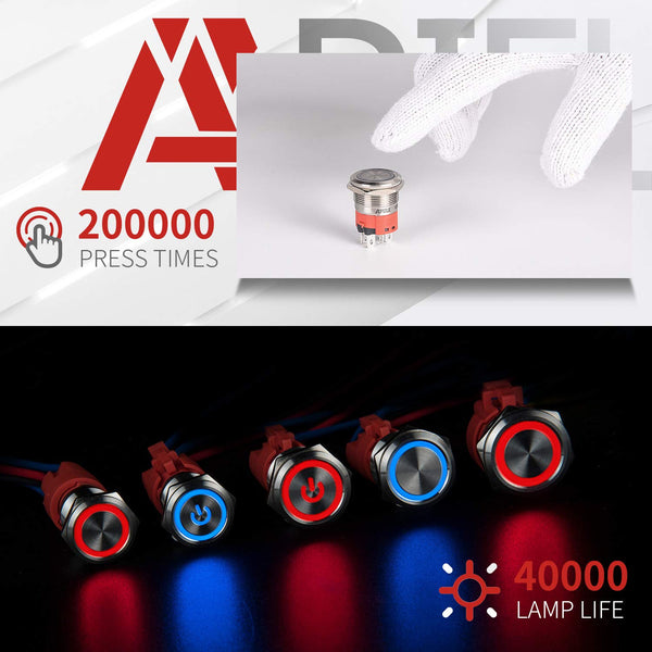 APIELE 10 Amp 16mm Latching Push Button Switch 12V Angel Eye LED Waterproof Round Self-Locking 1NO (Silver Stainless Steel, Blue) Blue Stainless Steel