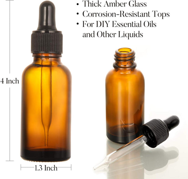 12 pcs, 1 oz Amber Dropper Bottles w/ 3 Stainless Steel Funnels & 1 Long Glass Dropper - 30ml Glass Bottles with Eye Droppers, Leakproof Essential