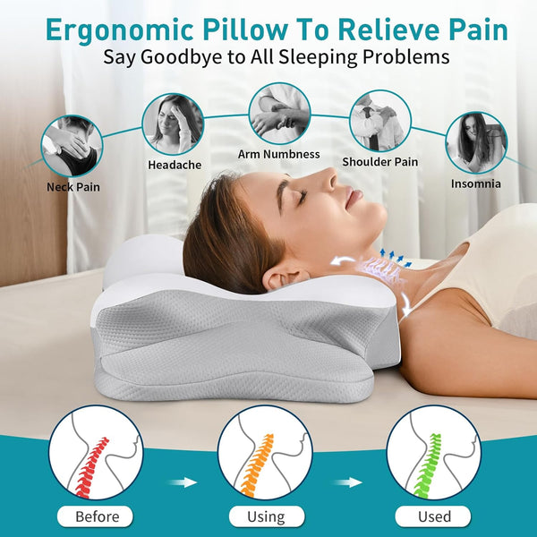 Cervical Pillow for Neck Pain Relief, Ergonomic Neck Pillow for Sleeping Contour Memory Foam Pillows with Cooling Pillowcase, Orthopedic Bed