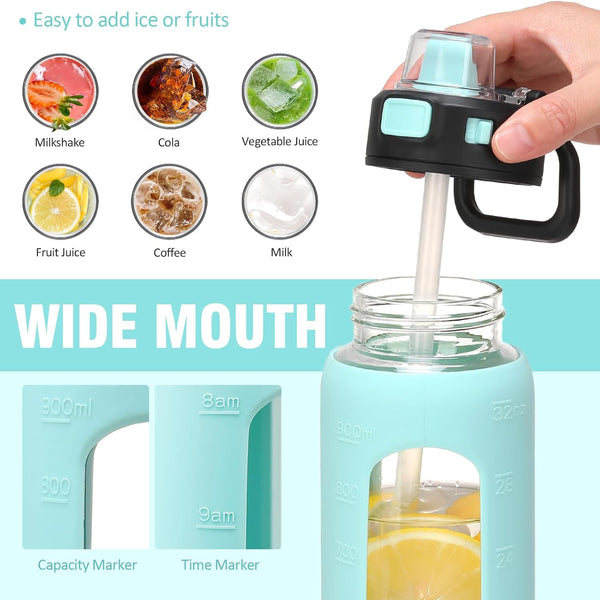 Kodrine 32 Oz Glass Water Bottle with Straw and Carry Loop, One-Touch Leakproof Locking Lid, Reusable Drinking Bottle with Time Marker for Travel