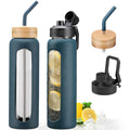 32oz Glass Water Bottle with Straw and 2 Lids- Bamboo and Spout Lid,Motivational Sports Water Bottle with Silicone Sleeve and Time Marker,Reusable