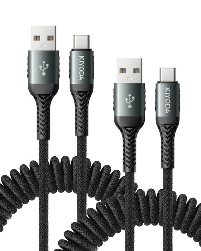 USB to USB C Cable [2Pack 3FT] Coiled USB C Cable Fast Charging 60W-Black 3FT -