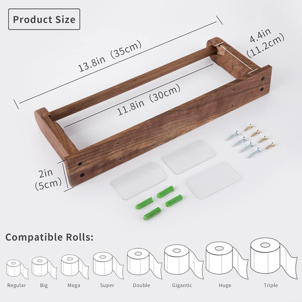 Wood-Paper-Towel-Holder-Under-Cabinet-Kitchen-Handmade - Wall Mounted/Adhesive No Drill Sturdy Roll Hanging Organizer, Horizontal Papertowel