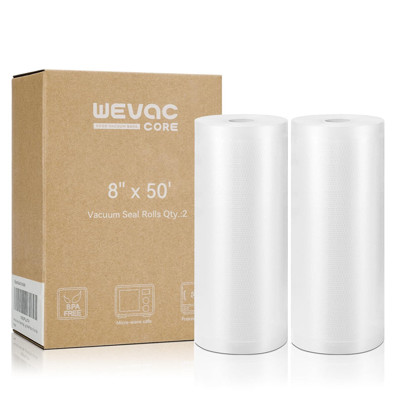 Wevac Vacuum Sealer Bags 8x50 Rolls 2 pack for Food Saver, Seal a Meal, Weston. Commercial Grade, BPA Free, Heavy Duty, Great for vac storage,