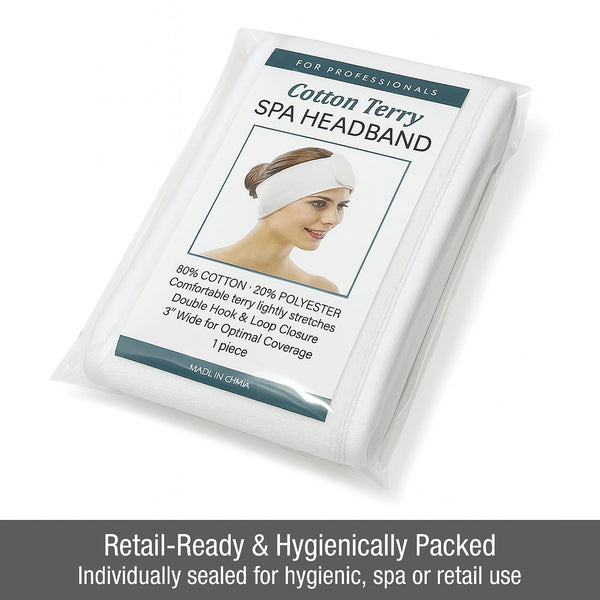 APPEARUS Cotton Terry Cloth Facial Headband 4 Pack White | Absorbent cotton terry with adjustable hook and loop band. Designed for estheticians,