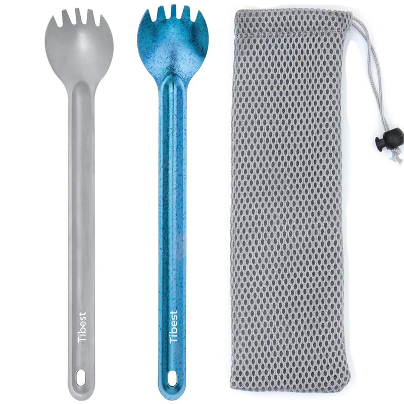 Titanium Spork, 8.7" Long Handle, Backpacking Spork and Spoon, Ultra Lightweight Camping Utensil for Hiking, Travel Titanium Long Sporks,Matte & Blue