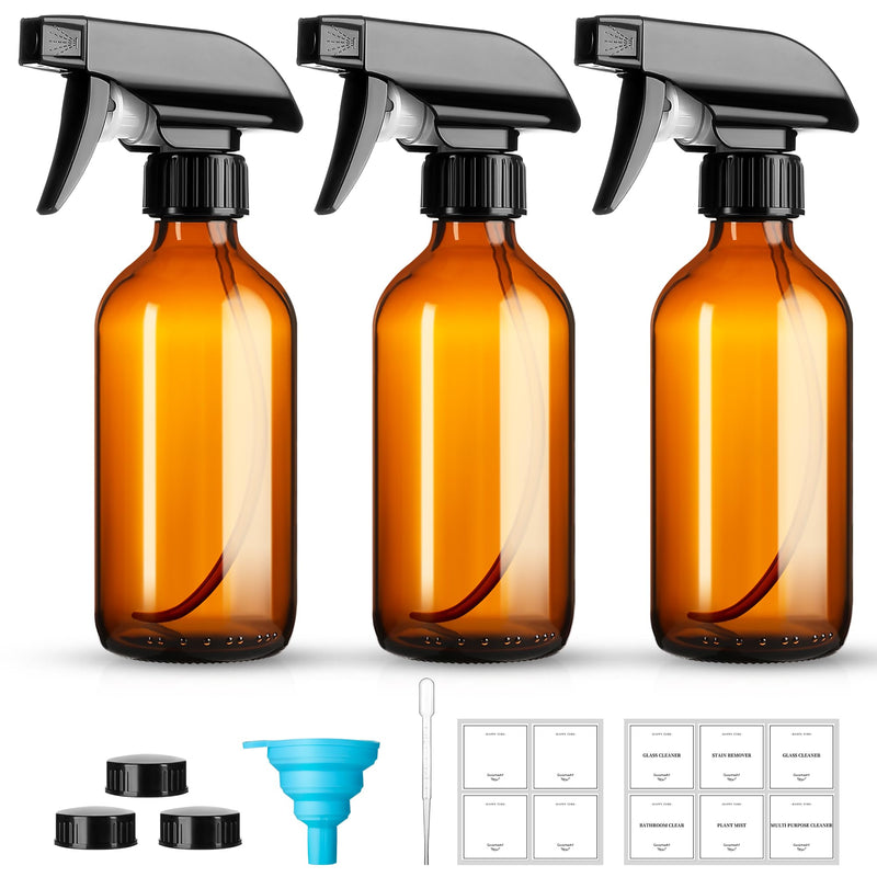 GIVAMEIHF 8oz Amber Glass Spray Bottles,3 Pack Glass Spray Bottles Refillable Empty Bottle with Adjustable Nozzle,Spray Bottle for Essential