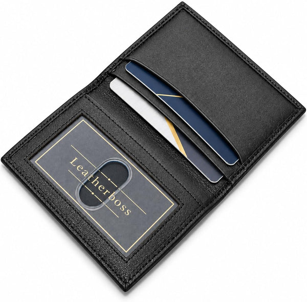 Leatherboss Genuine Leather Small Slim Bifold Wallet | Credit, Debit, ID Card Holder | Compact & Stylish with Clear ID Windows | Gift for Men, Black