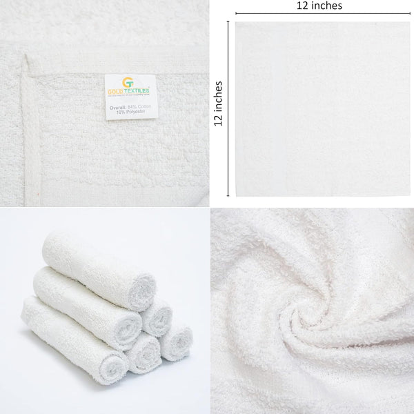 GOLD TEXTILES 24 Pack Economy White Washcloths Set (12x12 inches) - Cotton Blend Commercial Grade Cleaning Rags, Quick Drying & Soft Face Cloths,