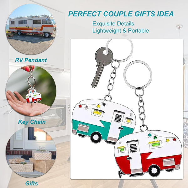 2 Pack Camper Keychain Set Happy RV Camper Keyring Couples Camping Accessories for Men Women Travel Trailers Red+green