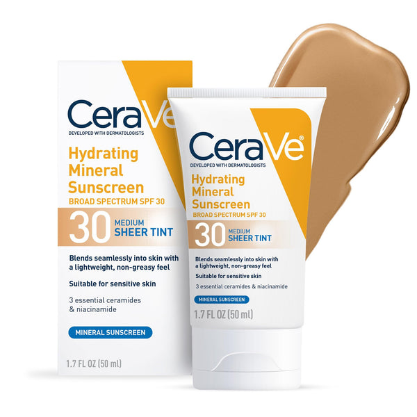 CeraVe Hydrating Mineral Sunscreen SPF 30 with Sheer Tint, Tinted Mineral Sunscreen with Zinc Oxide & Titanium Dioxide, Blends Seamlessly For