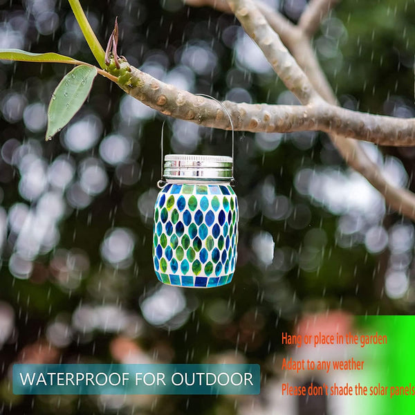 Solar Mosaic Glass Solar Hanging Lantern, Waterproof Outdoor Garden Light | Handcrafted blue mosaic solar hanging lantern projects beautiful