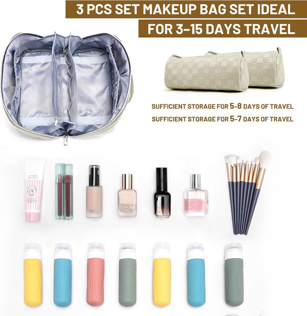 BOYATU Travel Makeup Bag Organizer: 3 Pcs Set Large Capacity Cosmetic Bags Holds 10–20 100ml Full-Size Bottles - 180°Open-Flat Make up Case 3-sec