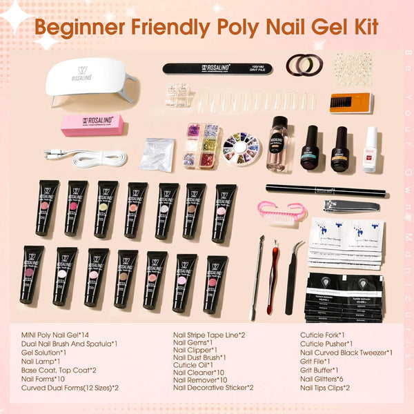 ROSALIND Poly Nail Gel Kit -14 Colors +72 Nail Art Accessories kit Clear Nude Poly Nails Gel Kit Starter Kit with Mini UV Lamp Slip Solution Basic