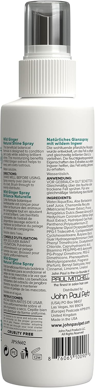 John Paul Pet Wild Ginger Shine Spray, Conditions Moisturizes and Revitalizes Sh
