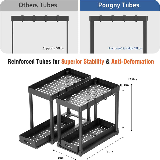 2PC under Sink Organizer Rack 2 Tier under Sliding Cabinet Basket Organizer Drawer with 4 Hooks, Multi-Purpose under Sin