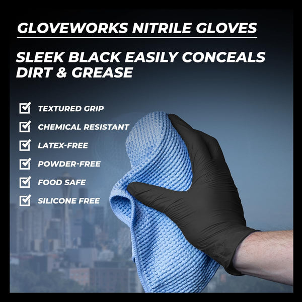GLOVEWORKS Black Nitrile Gloves 5 Mil Disposable, Latex Free, Textured Grip for Food Service, Cooking, Professional Cleaning Small 1 Box of 100