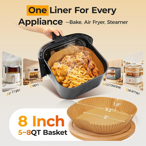 Vailnd Air Fryer Paper Liners, 200pcs Air Fryer Liners Disposable 8" Square | Baking Paper Liner for 5-8 qt Airfryer Basket, Non-stick and Oil