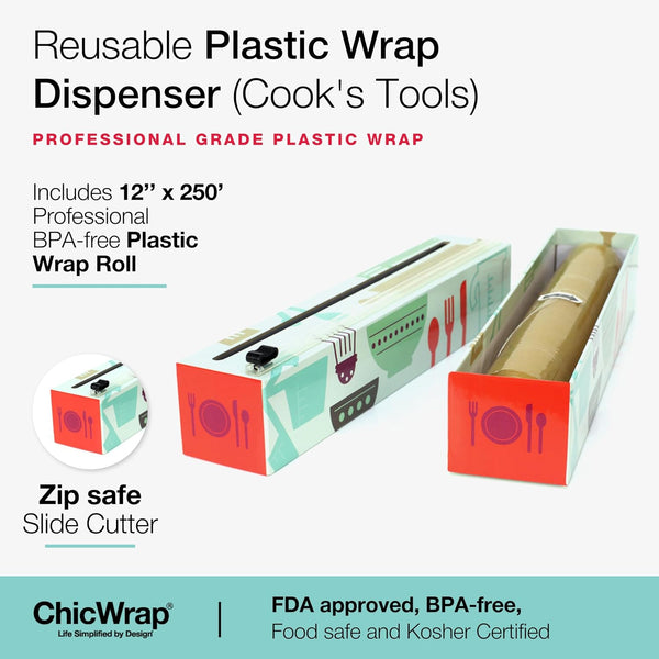 Chicwrap Cook's Tools Refillable Plastic Wrap Dispenser - One 12" x 250' Roll of Professional Grade Plastic Wrap - BPA Free and Kosher Certified -