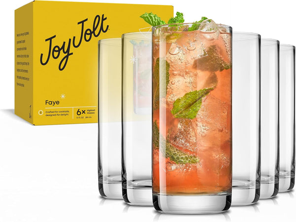 JoyJolt Faye 13oz Highball Glasses, 6pc Tall Glass Sets. Lead-Free Crystal Drinking Glasses. Water Glasses, Mojito Glass Cups, Tom Collins Bar