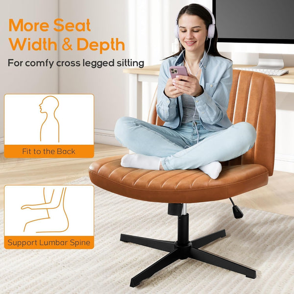 DUMOS Criss Cross Chair No Wheel Legged Office Wide Comfy Desk Vanity Chair, Armless Computer Task Seating PU Leather, Swivel Home Height