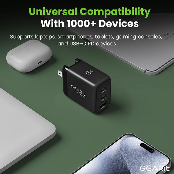 GEARit 65W USB C Charger Block, GaN 3-Port Foldable Fast Wall Charger | Type-C PD 3.0 & PPS fast charging, 2 USB-C + 1 USB-A, for MacBook Pro/Air,