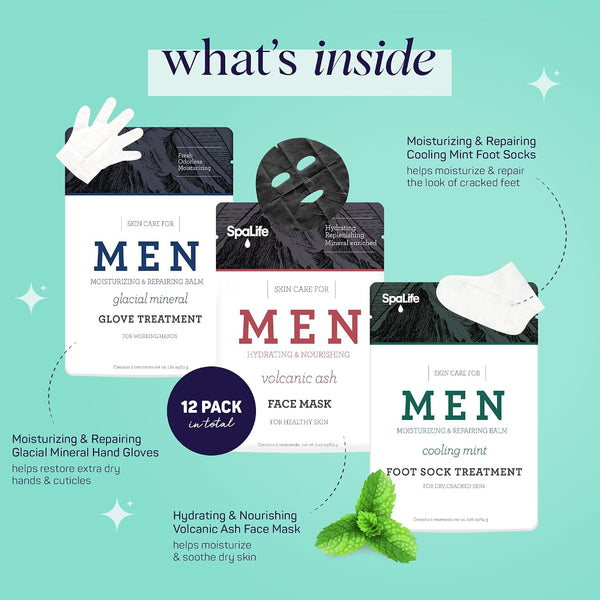 Spalife Men'S 12-Piece Spa Set: Repairing Hand Gloves for Dry Hands, Cooling Mint Foot Socks for Cracked Heels, and Moisturizing Face Mask