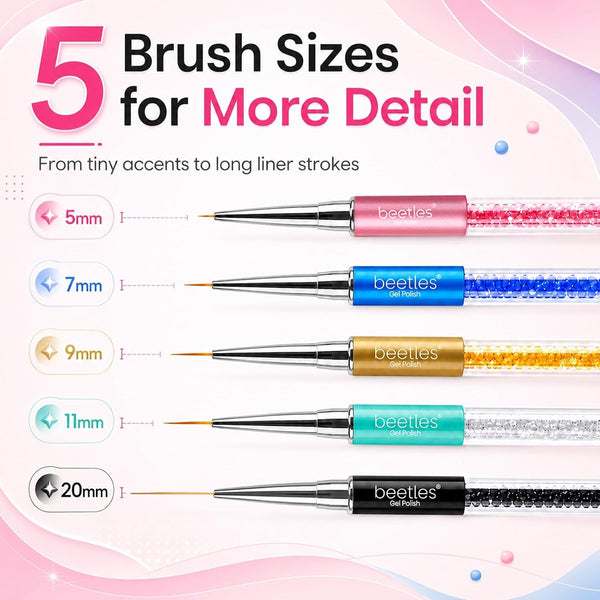 Beetles Gel Polish Nail Art Liner Brushes 5Pcs Painting Art Design Pen Set | Diamond Application Rhinestone Handle Dotting Drawing Sizes 5 7 9 11