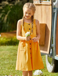 Arshiner Girl's Spaghetti Strap Button Down Summer Casual Sundress Dress | Midi, Sleeveless, A-line, with Pockets 9-10 Years Mustard