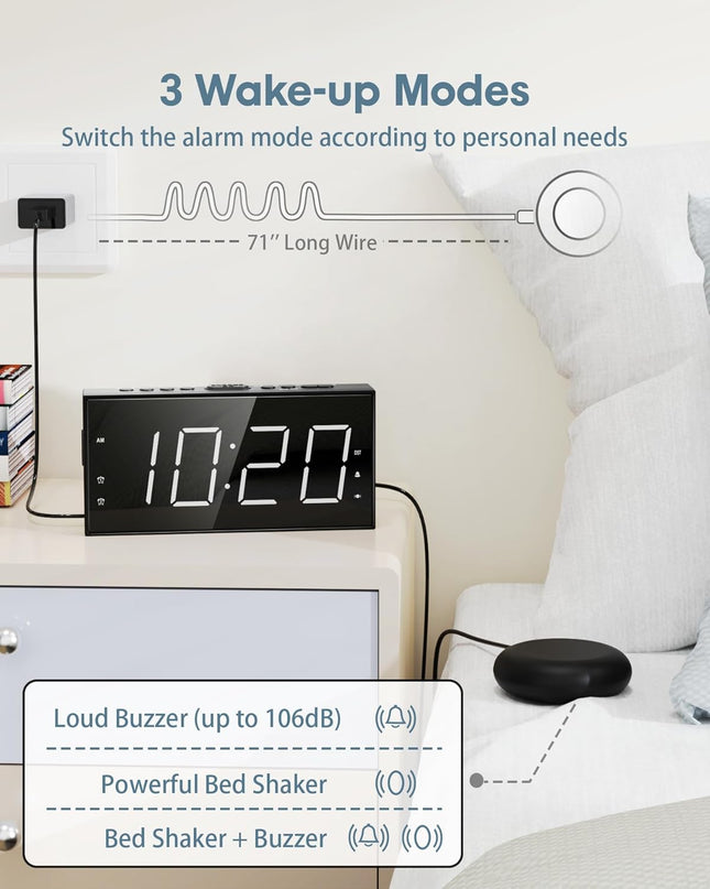 Loud Alarm Clock with Bed Shaker for Heavy Sleeper, Dual Vibrating Alarm Clock with USB Charger for Hearing-Impaired Dea