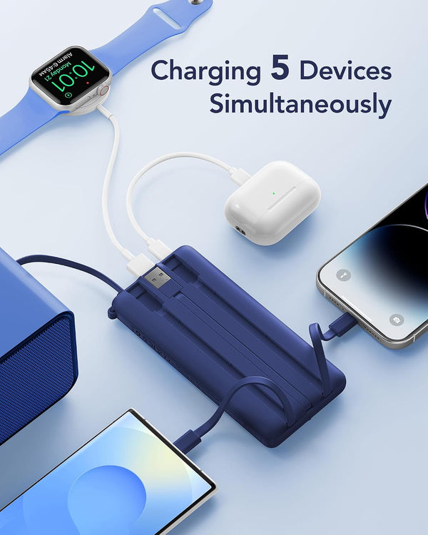 VRURC Portable Charger, Built in 4 Cables & Lanyard Power Bank 10000mAh Navy