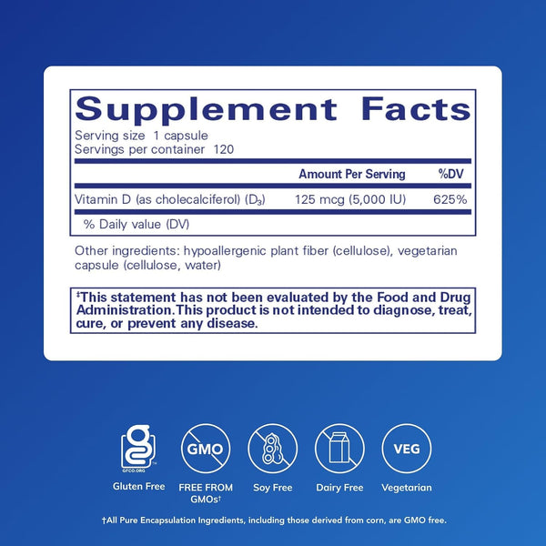 Pure Encapsulations Vitamin D3 125 Mcg (5,000 IU) - Supplement to Support Bone, Joint, Breast, Heart, Colon, and Immune Health* - with Vitamin D -