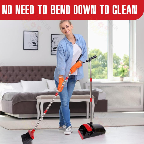 Broom and Dustpan Set with Long Handle, Light Weight Stainless Steel Poles Stand Upright Dustpans with Broom Combo for Home Kitchen Office Pet Dog