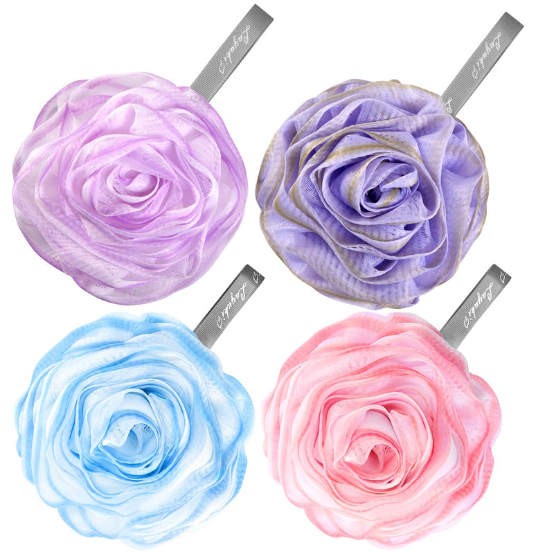 LAYUKI Bath Loofah, Shower Sponge, Body Scrubber, Rose-Shaped, Elegant (Set of 4 Pieces) 4 Pieces Pink & Blue & Purple & Grey