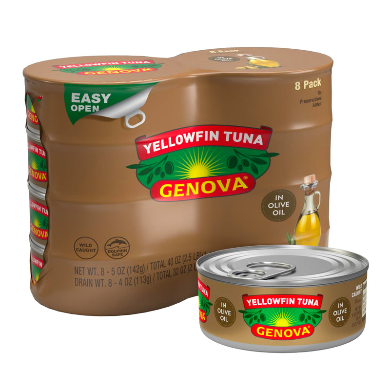 Genova Premium Yellowfin Tuna in Olive Oil, 5 Ounce Cans, 8-Pack – Nutrient Rich, High Protein Canned Tuna Fish - Delicious, Easy, Nutritious