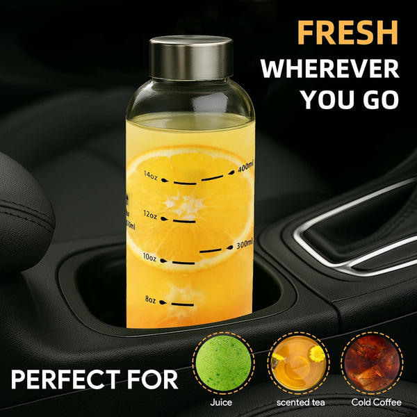 Glass Water Bottles with Lids 17 Oz, Clear Juice Bottles with Stainless Steel Cap, Reusable Glass Drinking Bottle for Juicing, Refrigerator,100%